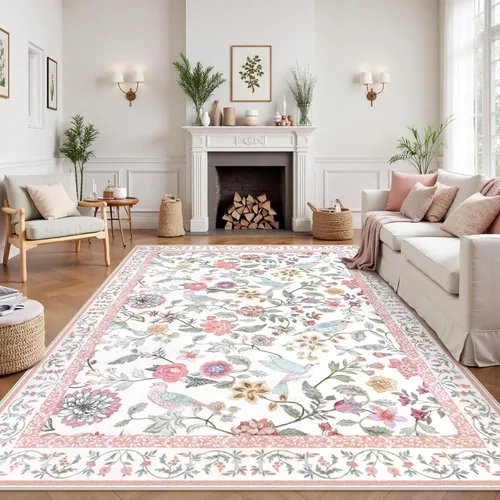Vista 11 de Rugalia Alfombra de pasillo floral azul, alfombra lavable de 2 x 6 pies para pasillos, antideslizante, suave, de pelo bajo, con flores, pájaros, Rosa