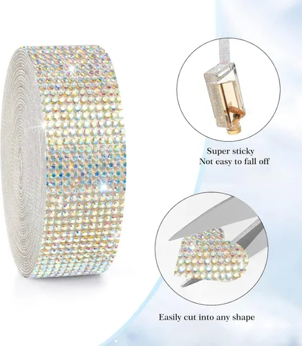 Vista 6 de 3 rollos de 9 yardas de cinta de diamantes de imitación de cristal autoadhesiva de colores y arco iris, rollo de calcomanías de diamantes brillantes