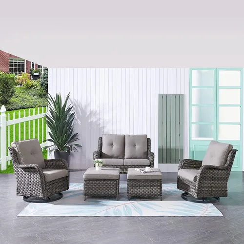 Vista 122 de HUMMUH Juego de 2 Sillas Giratorias Mecedoras de Mimbre para Patio Exterior, Juego de Muebles de Sillas Mecedoras de Ratán (Marrón, Azul) 50,000