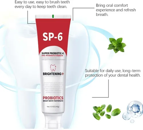Vista 6 de Sp-6 Probiótico, pasta de dientes blanqueadora, contiene probióticos blanqueadores sin flúor, refrescante sabor a menta, pasta de dientes