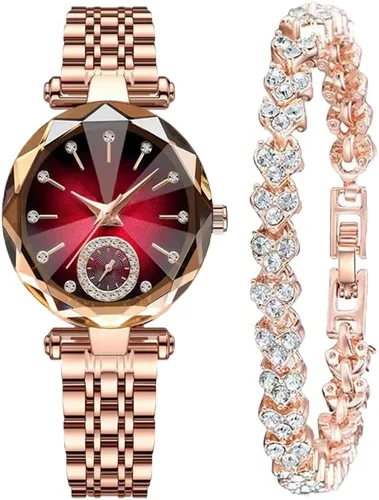 Vista 4 de Relojes de mujer con pulsera oro rosa para dama elegante correa de acero inoxidable moda analógico creativo diamante dial reloj de pulsera