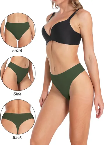 Vista 3 de Tanga de algodón acanalado transpirable sin costuras de cintura alta para mujer, ropa interior de talla grande 2 negro/2 verde/2 vino tinto
