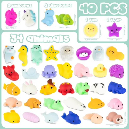 Vista 3 de BONNYCO Mochi Juguetes Squishy a Granel para Favores de Fiesta Infantil Paquete de 40. Rellenos para Bolsas de Dulces para Niños 3-5 4-8, Regalos