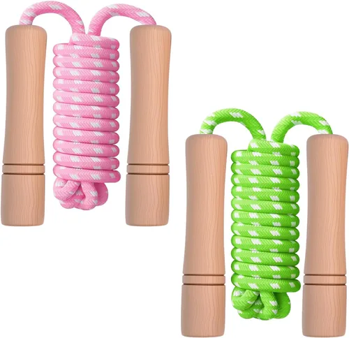 Vista 9 de Cuerda de saltar para niños – Mango de madera – Cuerda de saltar ajustable de algodón trenzado para niños pequeños fitness entrenamiento ejercicio