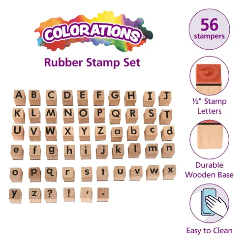 Vista 2 de Colorations® Juego de sellos de goma para niños en mayúsculas y minúsculas, 56 piezas, aprende el alfabeto y la puntuación, sellos ABC, uso escolar