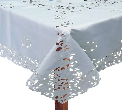 Vista 3 de Creative Linens Mantel floral bordado redondo de 68 pulgadas con 8 servilletas color blanco