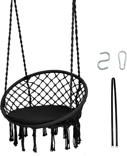 Vista 9 de Tangkula Silla hamaca con cojín, estilo bohemio de macramé con kit de accesorios para colgar y correa, columpio de cuerda colgante para interiores