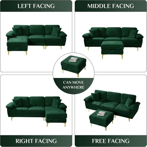 Vista 6 de OUYESSIR Sofá modular en forma de L, sofá de terciopelo de 3 plazas con otomana y almohadas, cómodo sofá cama tapizado para sala de estar, Verde