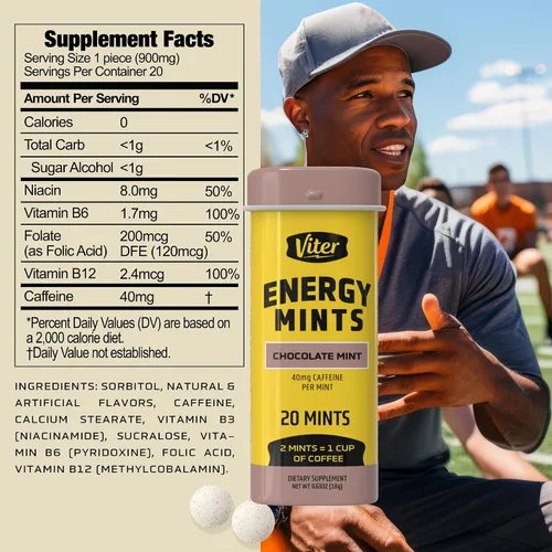 Vista 7 de Viter Energy Mentas con Cafeína 40mg de Cafeína, Vitaminas B, Sin Azúcar. (Menta Chocolate, 20 piezas, Paquete de 6)