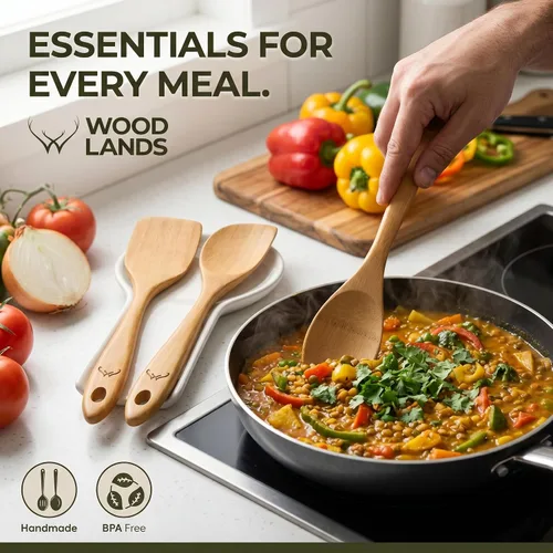 Vista 3 de Prime - Juego de 3 cucharas de madera de bambú para cocinar, utensilios de cocina de madera con mango largo, incluye cuchara plana de madera