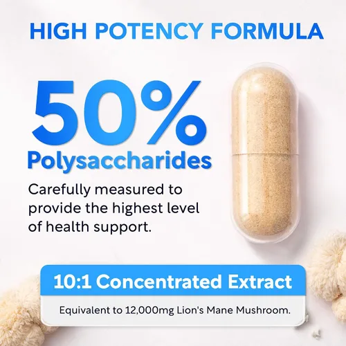 Vista 3 de Melena de león orgánica USDA 50% polisacáridos, 120ct Focus Salud