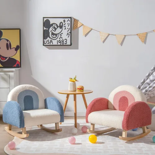 Vista 4 de Costzon Sofá para niños, mecedora para niños pequeños con marcos de madera maciza, tela de felpa, diseño antipuntas para habitación de niños