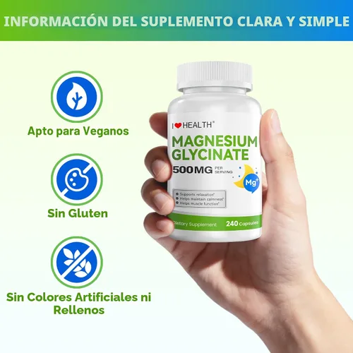 Vista 6 de Glicinato de magnesio 500 mg por cápsula – 240 cápsulas – Suplemento de magnesio de alta absorción para relajación, calma y apoyo muscular – Suave
