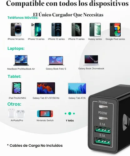 Vista 5 de Bloque de cargador USB C, cargador de pared USB C de 40 W, PD+QC 3.0, adaptador de corriente de doble puerto, 4 puertos multipuerto de carga rápida