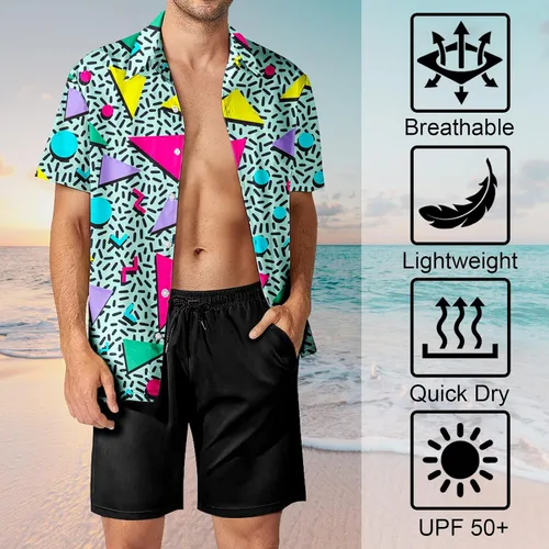 Vista 7 de HUGLAZY Conjunto de camisa hawaiana de los años 80 y 90 para hombre, camisa de manga corta con botones para hombres grandes y altos