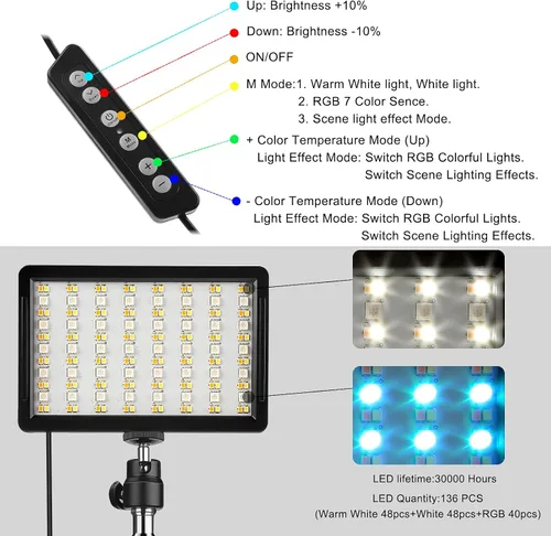 Vista 4 de Paquete de 2 luces LED RGB para video con soporte de trípode ajustable/filtros blancos, kit de iluminación de videoconferencia USB regulable de 2500