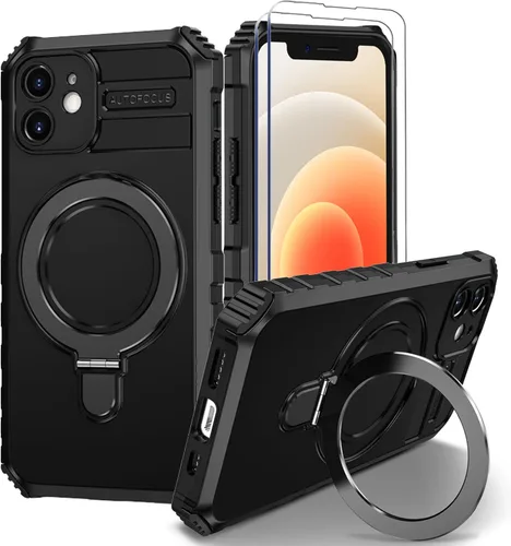 Vista 24 de Funda magnética para iPhone 11 [compatible con MagSafe] con 2 protectores de pantalla de vidrio templado con soporte de anillo, grado militar Azul