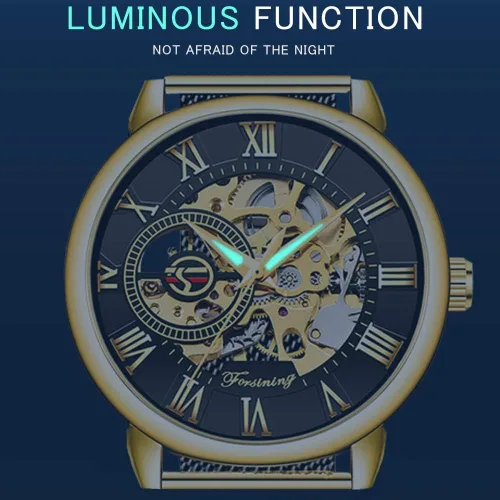 Vista 6 de Dentily Reloj de esqueleto para hombre clásico con número romano Steampunk Reloj mecánico Relojes de viento para hombre (azul)