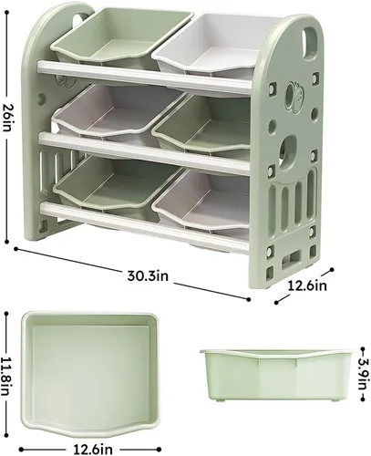 Vista 2 de Organizador de almacenamiento de juguetes para niños, estantes de 3 niveles, organizador de almacenamiento multifuncional para niños con 6 Verde