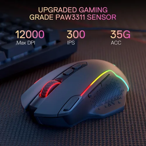 Vista 4 de Redragon M810 MAX - Mouse inalámbrico para juegos de 3 modos, 12000 DPI con cablemouse RGB inalámbrico con llave de fuego rápido, 8 botones macro