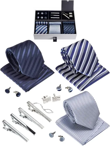 Vista 8 de Juego de corbata de regalo para hombre, corbata sedosa, bolsillo cuadrado, clips de corbata, gemelos para hombres