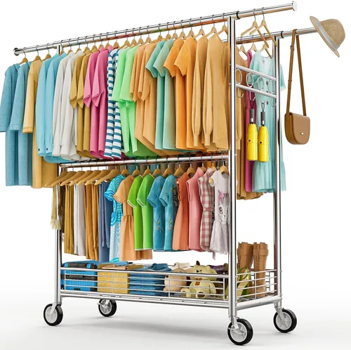 Vista 11 de Perchero de ropa resistente con carga de 860 libras, estantes de ropa rodantes de doble barra para colgar ropa, estante de ropa rodante con estantes