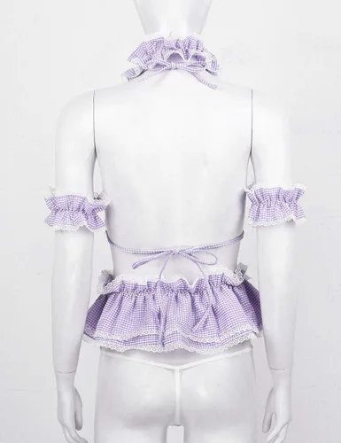 Vista 4 de Conjunto de lencería sexy para mujer, diseño de anime criada, color tartán