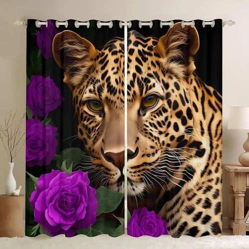 Vista 27 de Erosebridal Cortinas de Rosas Rojas 3D Tratamientos para Ventanas de Guepardo, Paneles de Cortinas con Estampado de Gato Leopardo para Sala