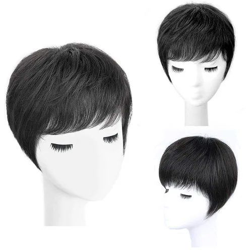 Vista 8 de Toppers de cabello humano con clip y flequillo, extensiones de cabello para mujeres con cabello delgado, 5.9 x 6.3 pulgadas, lacio, color marrón