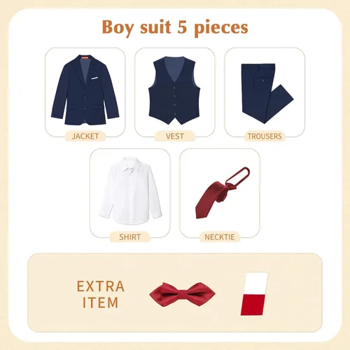 Vista 3 de Plavict Trajes para niños de 5 piezas, cintura ajustable, traje formal para niños con chaqueta, pantalones, chaleco, camisa, corbata y pajarita