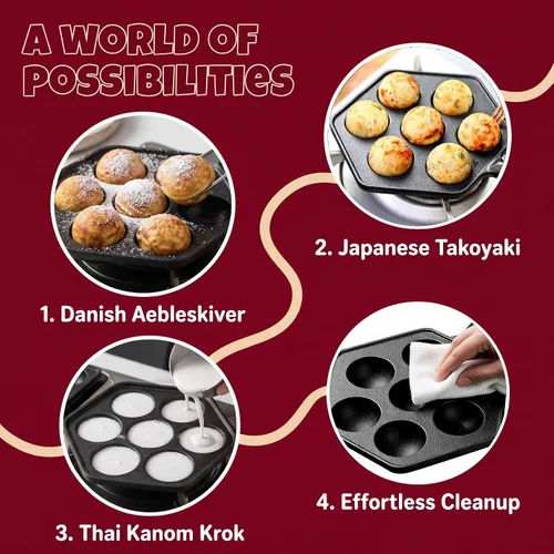 Vista 6 de WUWEOT Sartén antiadherente Aebleskiver, plancha Takoyaki de hierro fundido para hacer panqueques Munk, bolas de panqueques, poffertjes, puffs