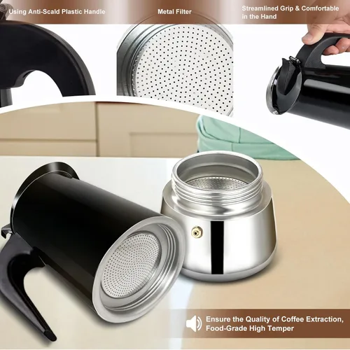 Vista 7 de Estufa de 2 tazas de acero inoxidable, cafetera italiana, capacidad para café moca, cocina clásica de inducción para el hogar y campamento, 3.3