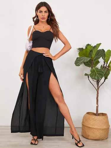 Vista 5 de WDIRARA Pantalones largos con cintura elástica dividida y pierna ancha con lazo frontal para mujer