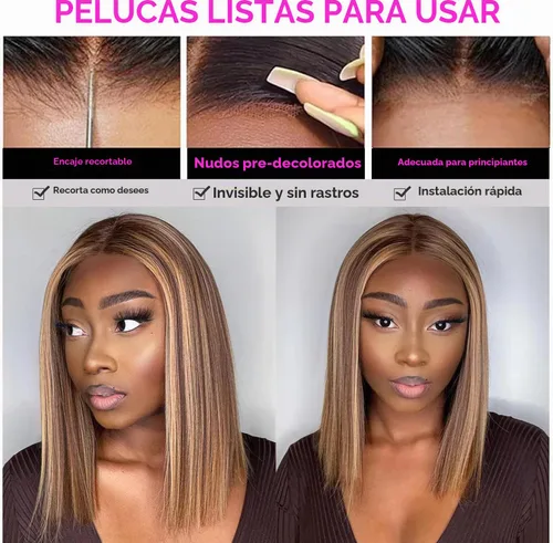 Vista 3 de Peluca de cabello humano con reflejos degradados 4/27, 8 pulgadas, lacio, 427, peluca bob de 13 x 4 con reflejos HD, peluca de cabello humano