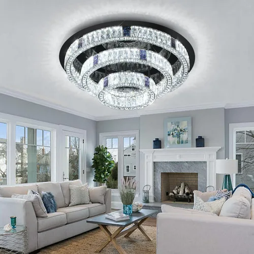 Vista 2 de Candelabro de cristal LED moderno de 32 pulgadas para sala de estar, lámpara redonda de cristal de 3 niveles, lámpara de techo de cristal negro