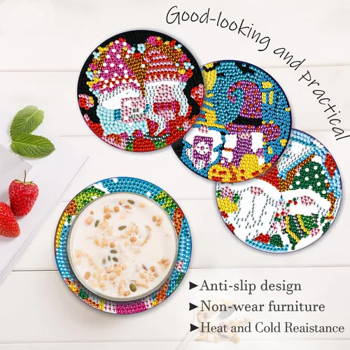 Vista 6 de Kit de 8 posavasos de pintura de diamante con soporte, posavasos de gnomo 5D de diamante, manualidades de arte de diamante, posavasos de diamante
