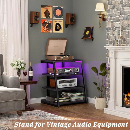 Vista 2 de Soporte multimedia AV de 4 niveles con tiras de alimentación, soporte estéreo con luces LED, torre de audio en rack con estantes ajustables, pequeño