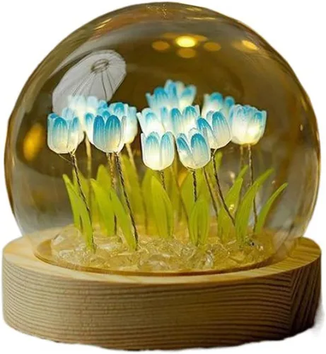 Vista 8 de Luz nocturna de tulipanes de bola de cristal, lámpara de noche de flores de bola de vidrio con base de madera, regalos de tulipanes para mujeres