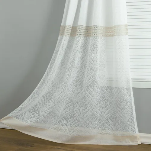 Vista 4 de VOGOL Cortinas transparentes con patrón de hojas bordadas, paneles de ventana blancos con ribete de encaje para sala de estar y dormitorio, cortinas