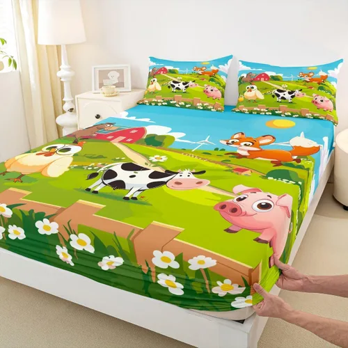 Vista 4 de Feelyou Juego de sábanas bajeras de animales de dibujos animados para niños, tamaño individual para niños y niñas, juego de sábanas Happy Farm