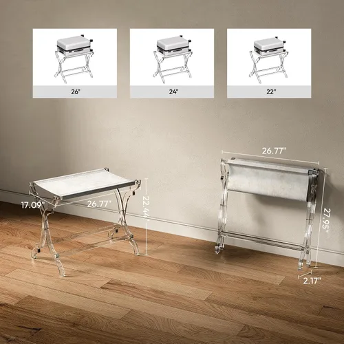 Vista 4 de Byingo Portaequipajes acrílico, elegante soporte plegable para maleta con estante de tela PET para habitación de invitados, dormitorio, hotel