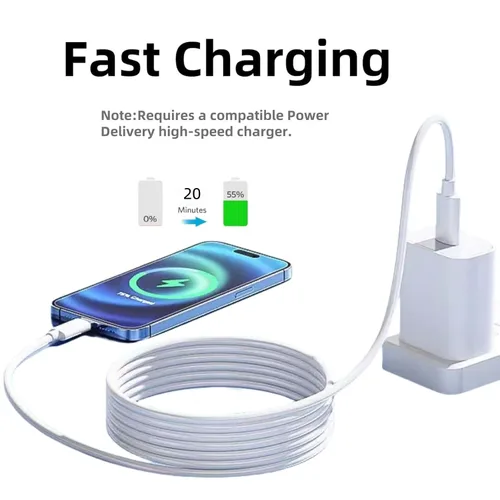 Vista 2 de Certificado MFi para cable USB-C a Lightning extralargo de 10 pies con cargador PD de 20 W, 1 paquete Cable de carga rápida de 27 W compatible