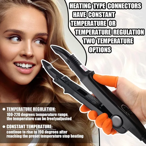 Vista 6 de Kit de extensión de cabello de queratina: plancha térmica, gránulos de pegamento de queratina, plantillas protectoras, pinzas para el cabello y Negro
