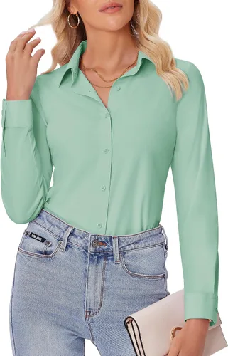 Vista 28 de siliteelon Camisas con botones para mujer, ajustadas, de manga larga, elásticas, de vestir, camisas de trabajo, sin arrugas, blusas de oficina