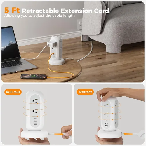 Vista 2 de Regleta con protector contra sobretensiones TESSAN, cable de extensión retráctil de 5 pies con múltiples tomas, 11 tomas con estación de carga de 3