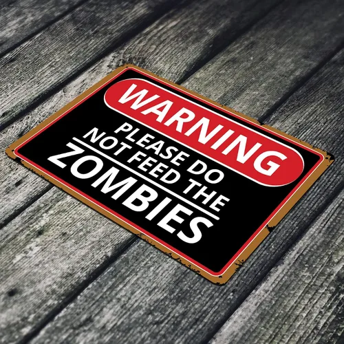 Vista 2 de JP's Parcels Letrero de metal de 12 x 8 pulgadas con texto en inglés «Warning Please do Not Feed The Zombies»