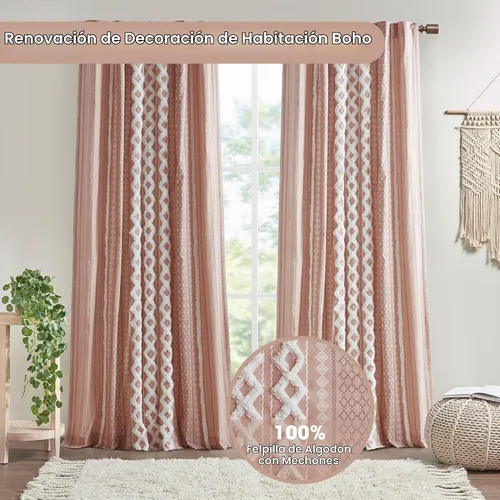 Vista 2 de INK+IVY Cortinas Boho para Dormitorio PANEL ÚNICO Cortinas de Ventana para Sala de Estar, 100% Algodón con Rayas de Chenilla Copetuda Estilo Granja