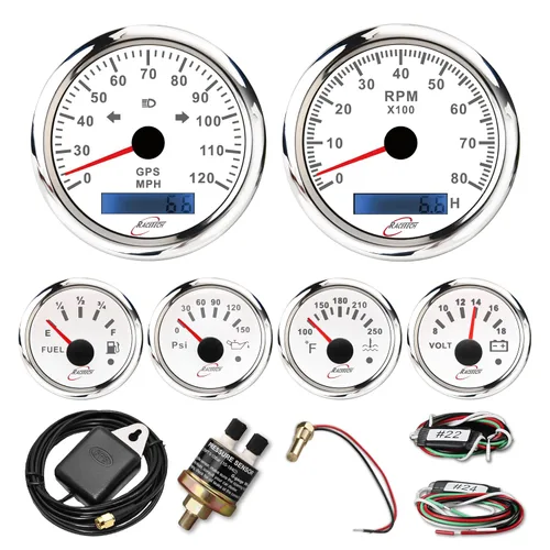 Vista 12 de RACETECH Juego de 6 instrumentos – Velocímetro GPS de 85mm (3-3/8") 120 MPH y Tacómetro 8000 RPM – 90° 52mm (2-1/16") Medidores de combustible, Negro