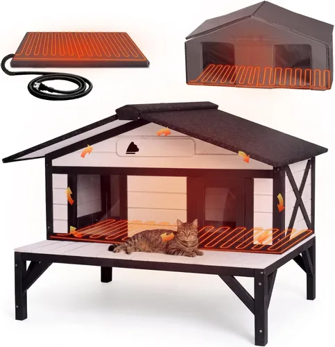 Vista 22 de GUTINNEEN Casa grande para gatos con calefacción para exteriores con forro aislante, refugio para gatos resistente a la intemperie con almohadilla