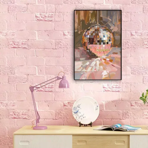 Vista 3 de Arte de Pared en Lienzo de Bola de Discoteca Rosa Suave de Moda, Póster con Textura de Bola de Espejo Plateada Funky para Chica, Impresión